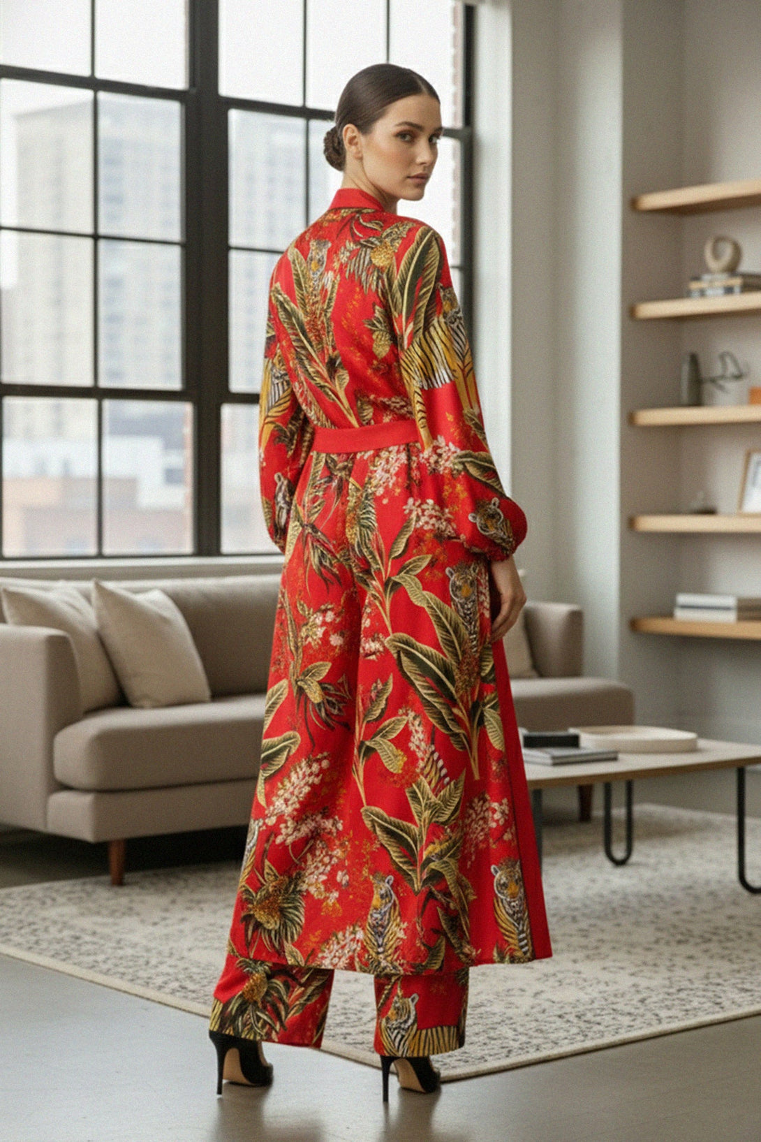 printed silk pants, high waist trousers, kyle x shahida, womens luxury pants, wide leg silk