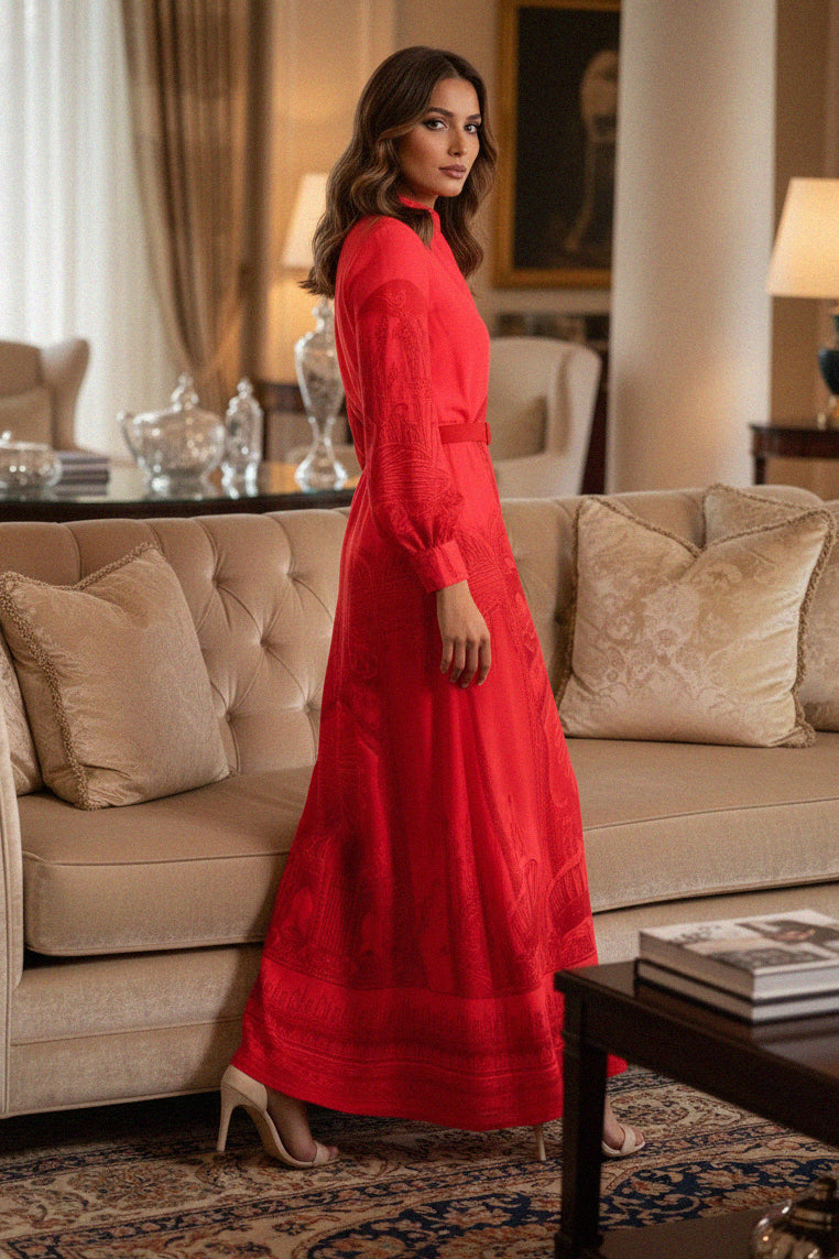 Printed red shirt maxi dress for women right side posing, ideal for formal occasions and a classic fashion look