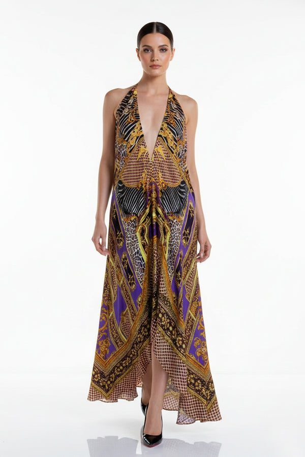slim fit dress slacks Saloni | Fabienne Long Dress in Light Gold