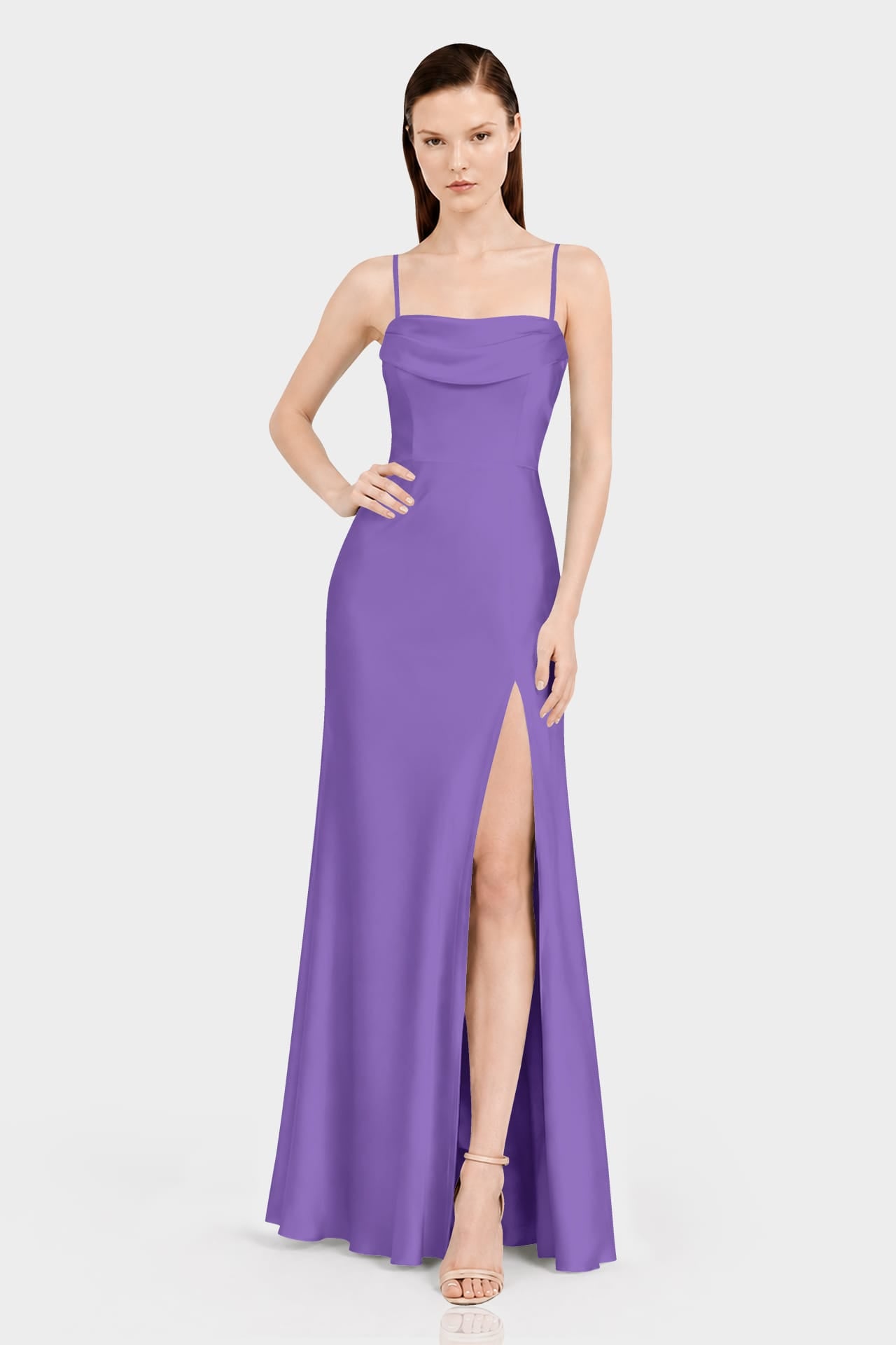 S Luxury Purple Convertible Bridesmaid Maxi Dress with Slit in Premium Matte Satin