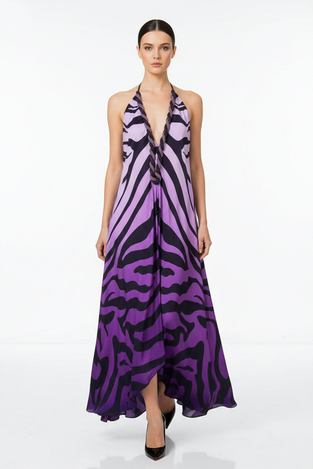 One Size Purple Zebra Print Halter Maxi Dress