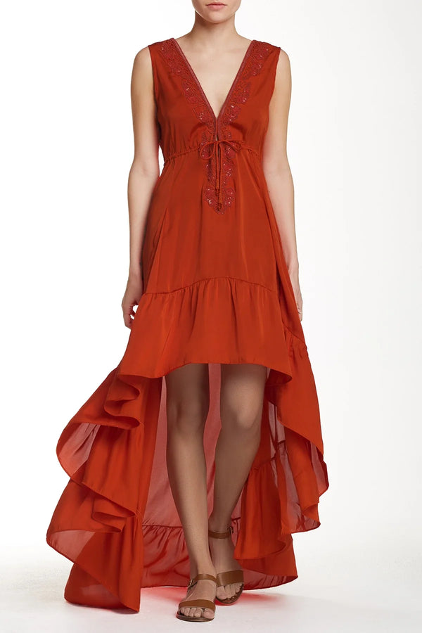 Designer High Low Ruffle Dress | Deep Neckline Dress | Shahida Parides Small