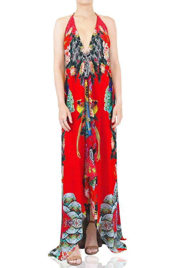  red summer dress, long summer dresses for women, plunge neck cocktail dress, Shahida Parides,