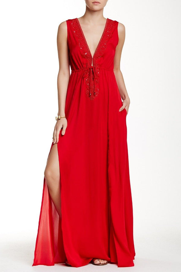  red designer dress, long summer dresses for women, plunge neck cocktail dress,