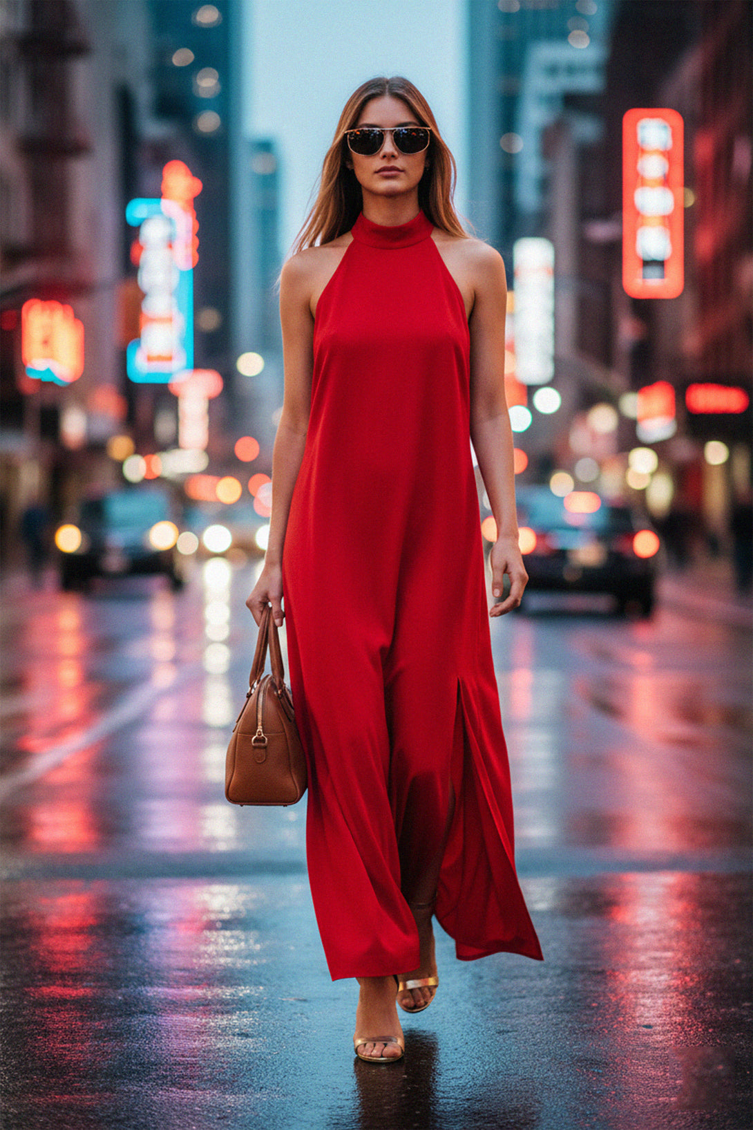 Red High-Neck Sleeveless Maxi Dress Medium