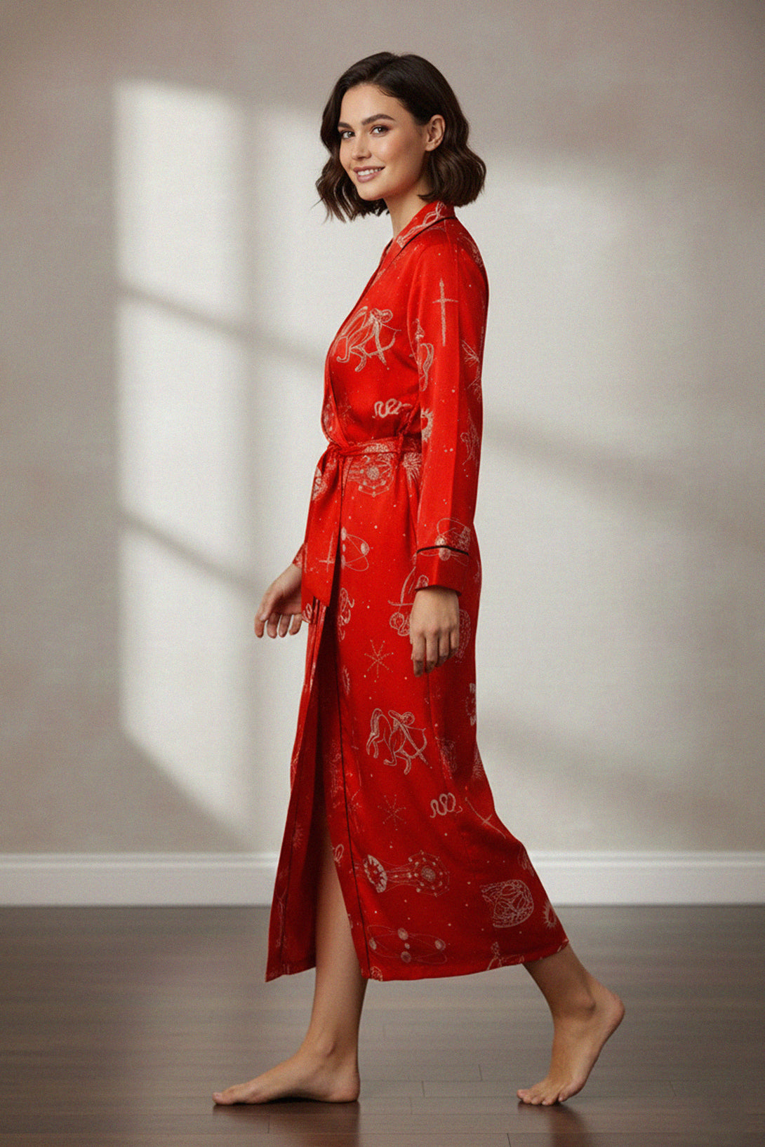 red lightweight kimono, womens duster robe, Shahida fashion, chic casual style, elegant ladies robe, comfy red robe