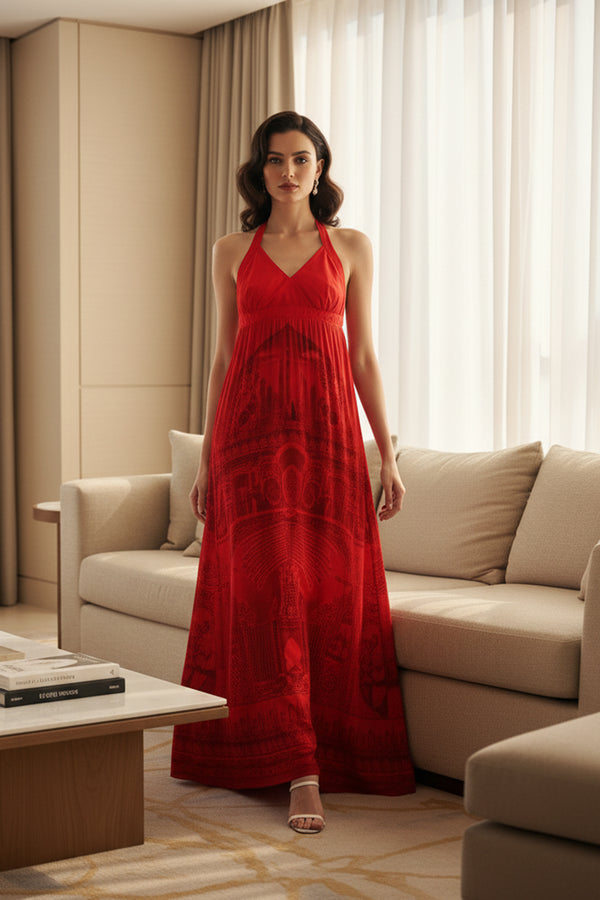 Halter Neck Printed Dress in Red