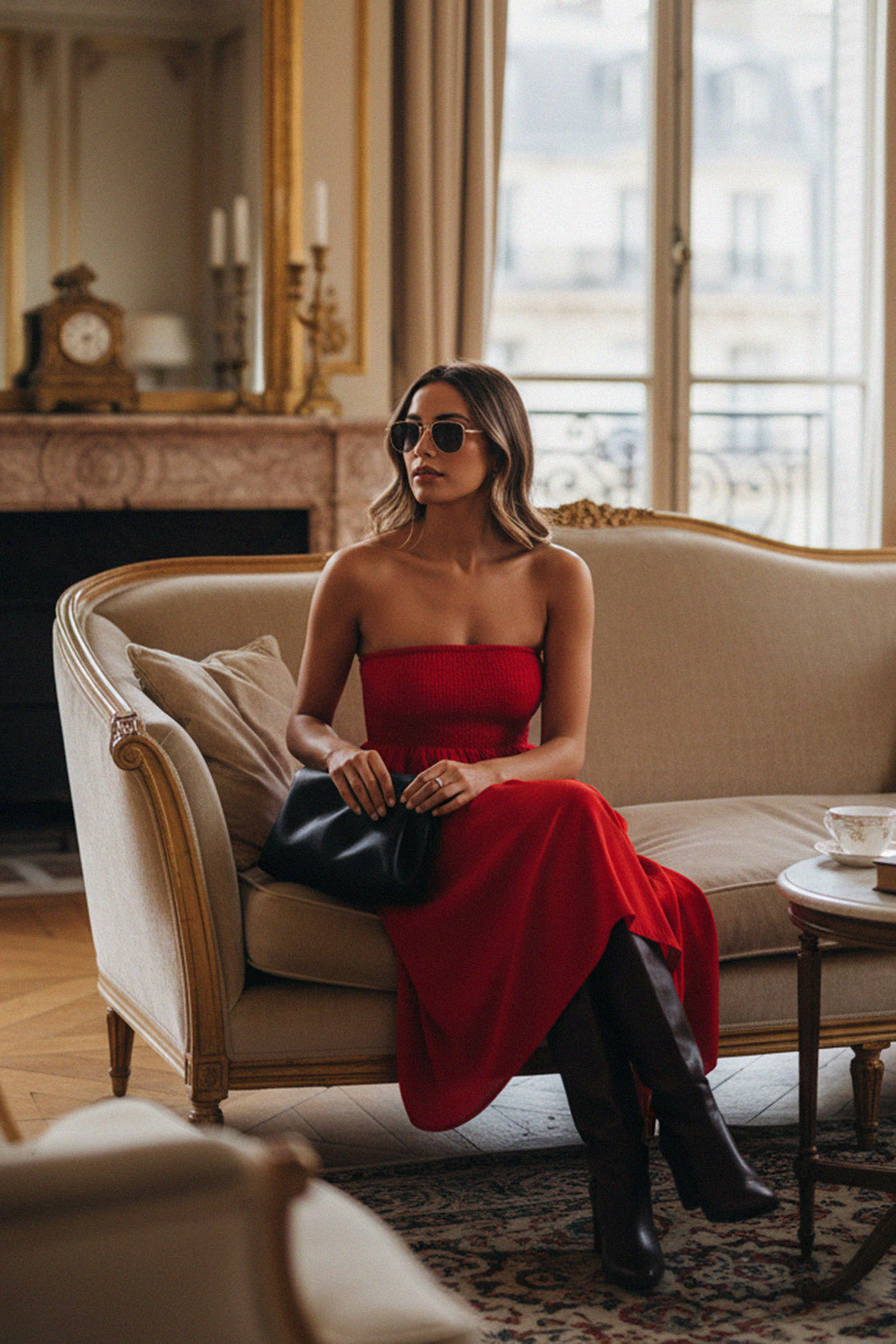Trendy red strapless dress in a Paris street style look, perfect for fashion-forward women and travel outfits.