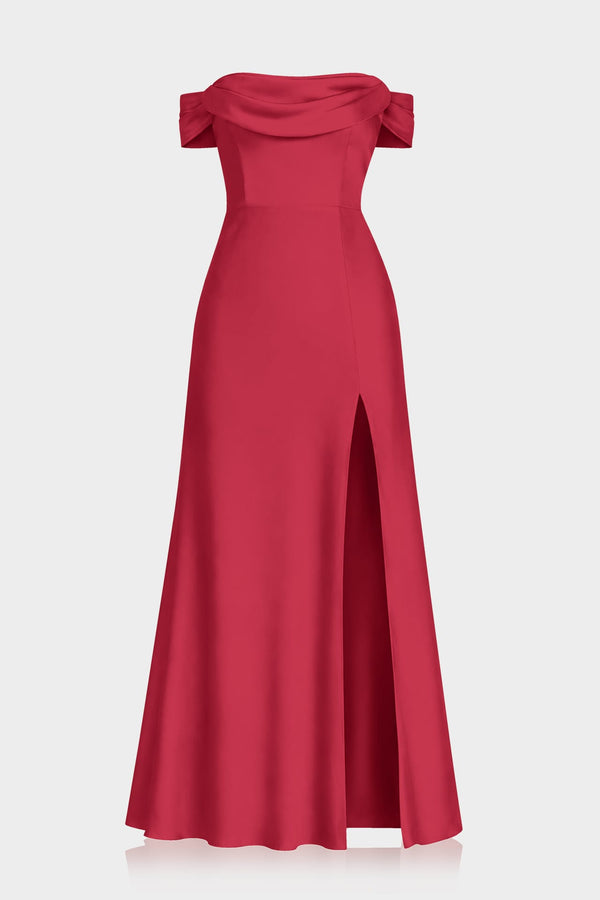 Luxury Ruby Red Satin Convertible Bridesmaid Maxi Dress with Side Slit