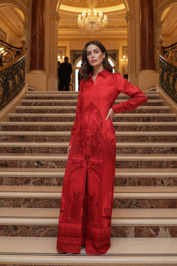 Red Printed Shirt Dress for Women