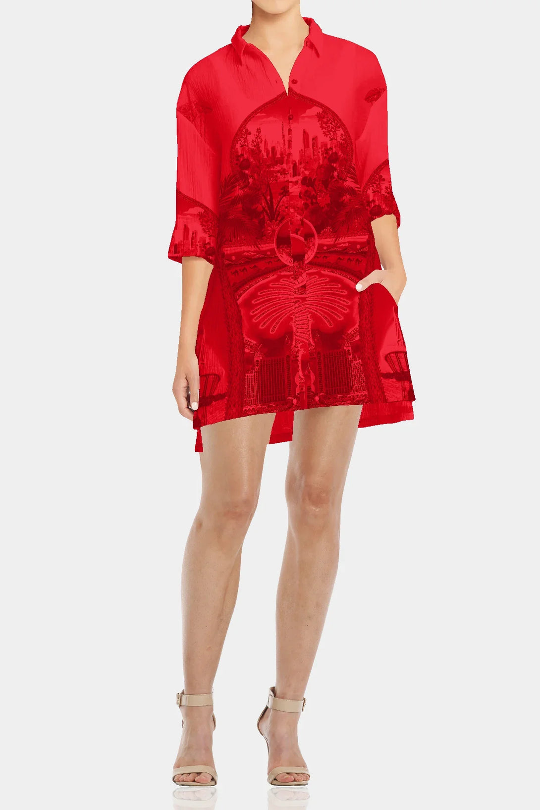 Stylish red shirt for women by Shahida Parides featuring half sleeves and a relaxed, elegant design for casual or evening wear