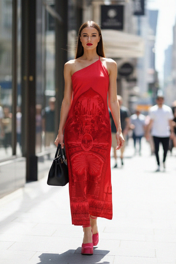 One Shoulder Red Maxi Dress