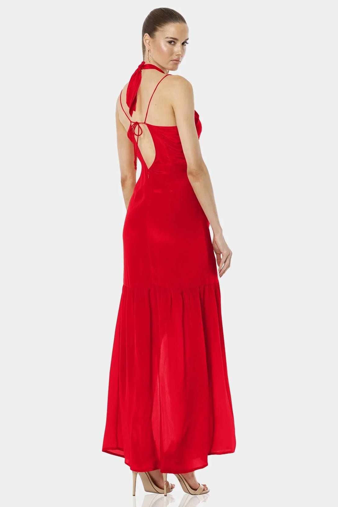 refined red, oceania mix, cutout halter, side slit, modern maxi, resort-ready, chic red, feminine motion, couture feel,
