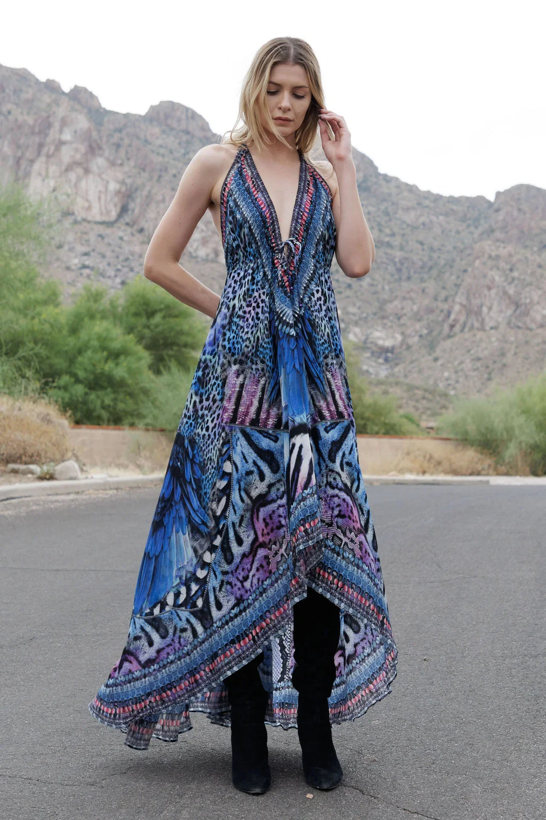 Blue Peacock Feather Print Halter Maxi Dress