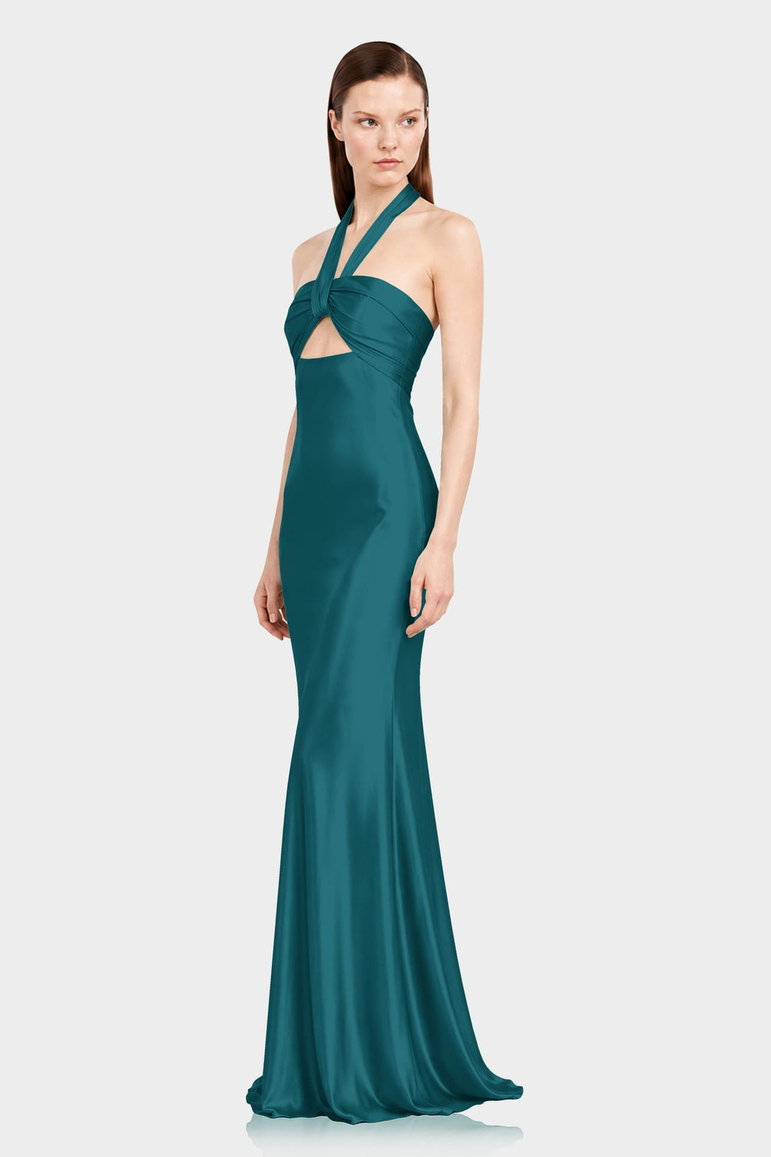 S Rich Teal Satin Halter Neck Evening Gown with Front Cut Out