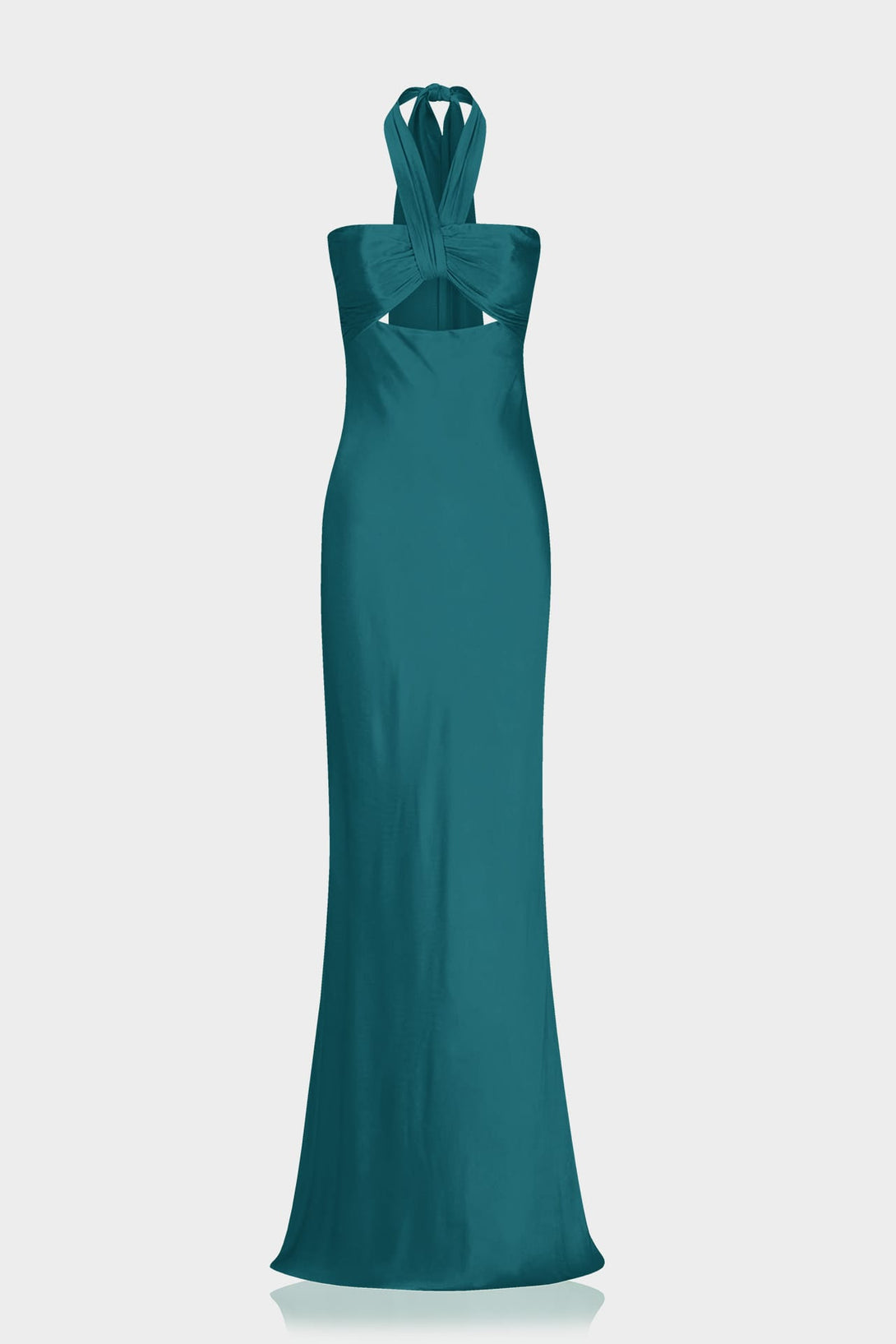 S Rich Teal Satin Halter Neck Evening Gown with Front Cut Out
