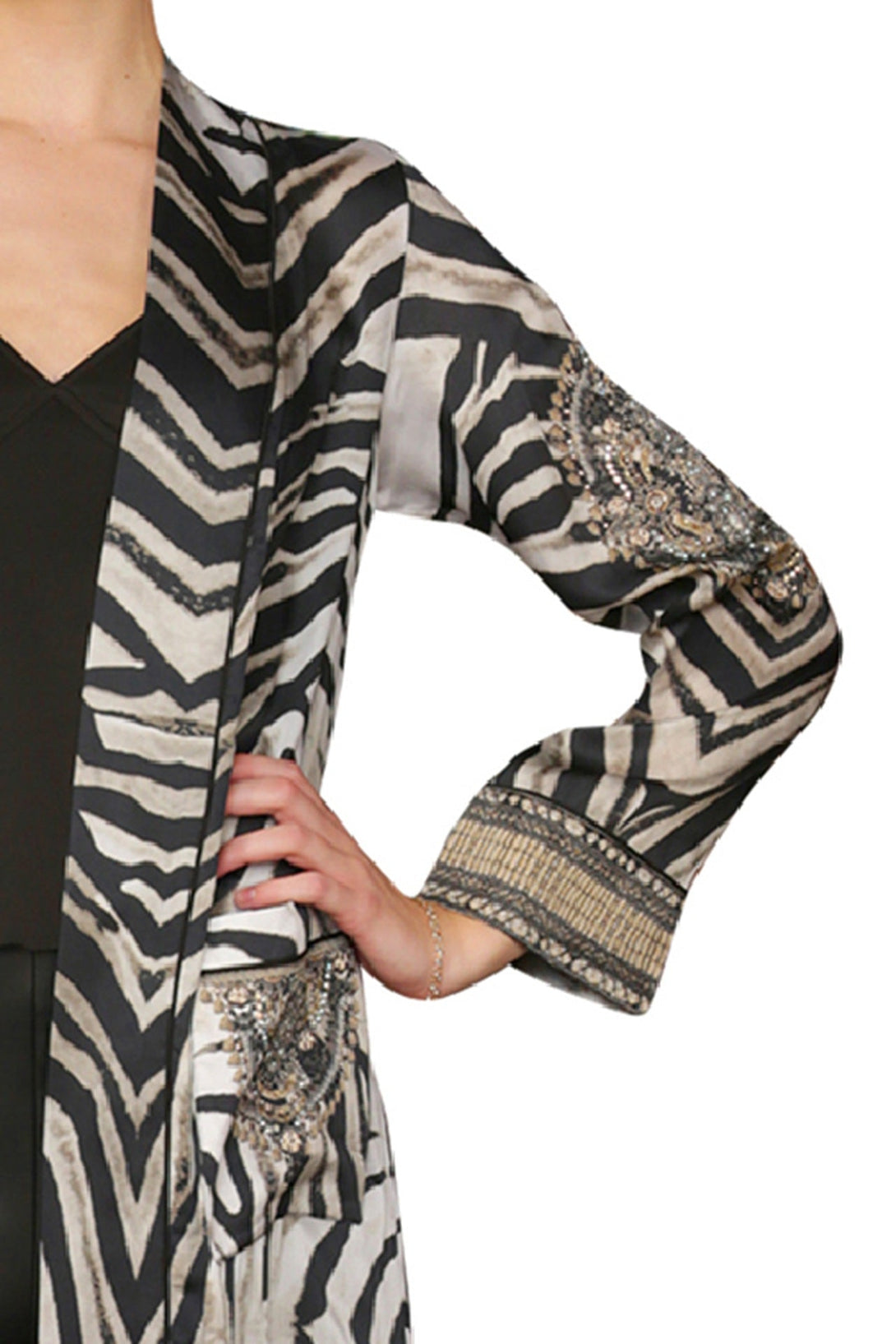 "womens zebra robe" "designer silk robe" "kimono silk robe women's" "Shahida Parides" "womens long kimono robe" 