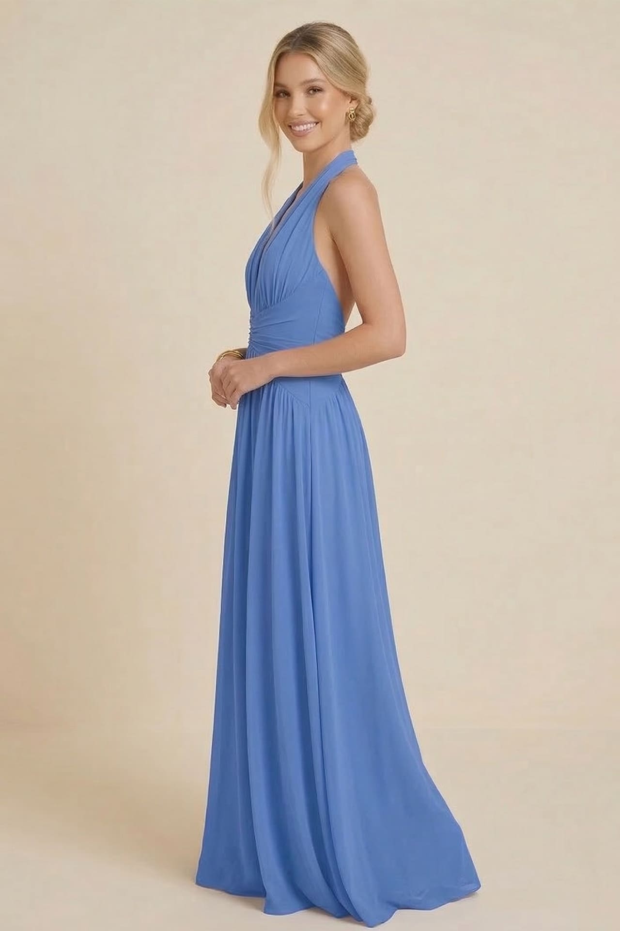 S Dusty Blue V-Neck Chiffon Bridesmaid Maxi Dress – Romantic Floor Length Wedding Gown