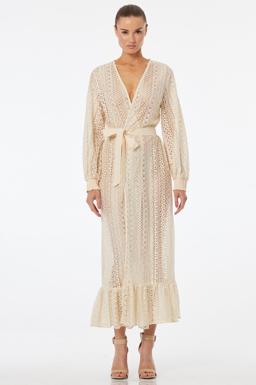 ivory lace wrap dress Women's Ivory Wrap Maxi Dress Sweet Cream/White S/M/L MEAN BLVD, Sweet Cream / S