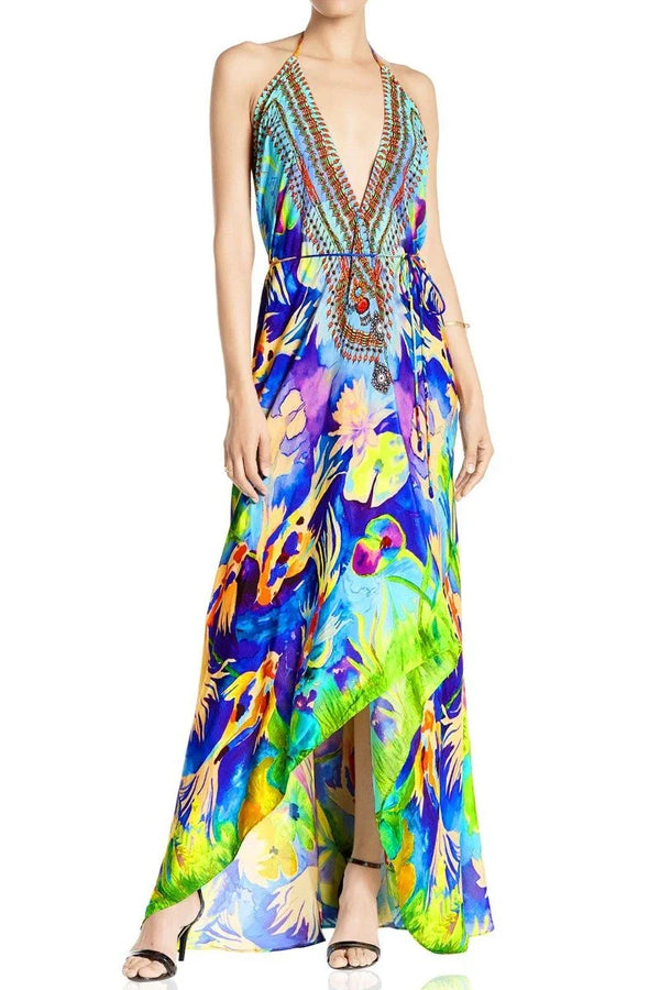  navy blue maxi dress, formal dresses for women, Shahida Parides, plunging neckline cocktail dress,