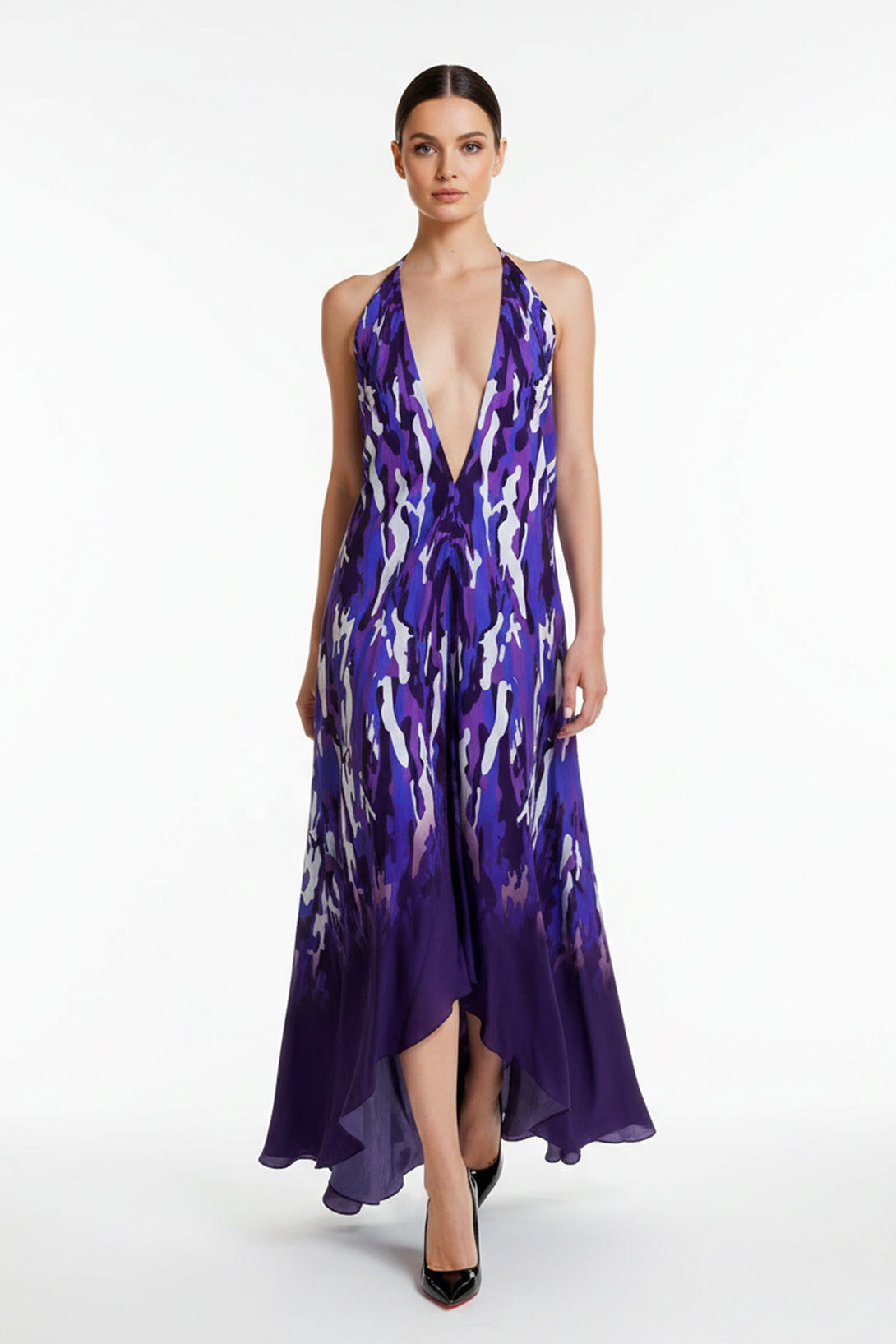 Royal Violet Abstract Silk Halter Maxi Dress