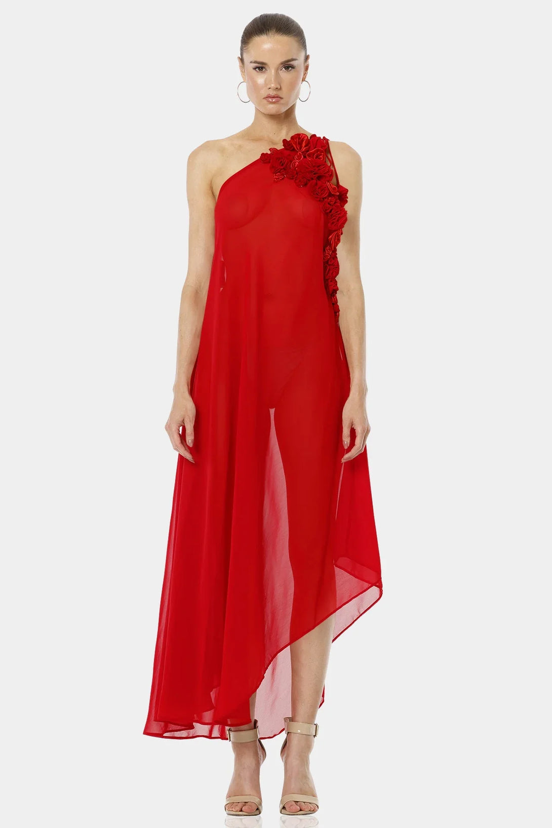 One Size Architect's House Hot Red Sheer Maxi Dress With 3D Flower Neckline