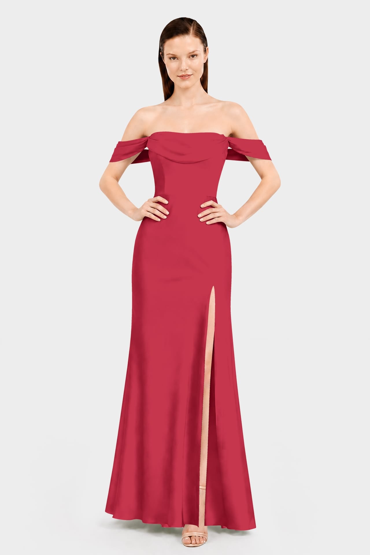 red satin multiway dress S Luxury Ruby Red Satin Convertible Bridesmaid Maxi Dress with Side Slit