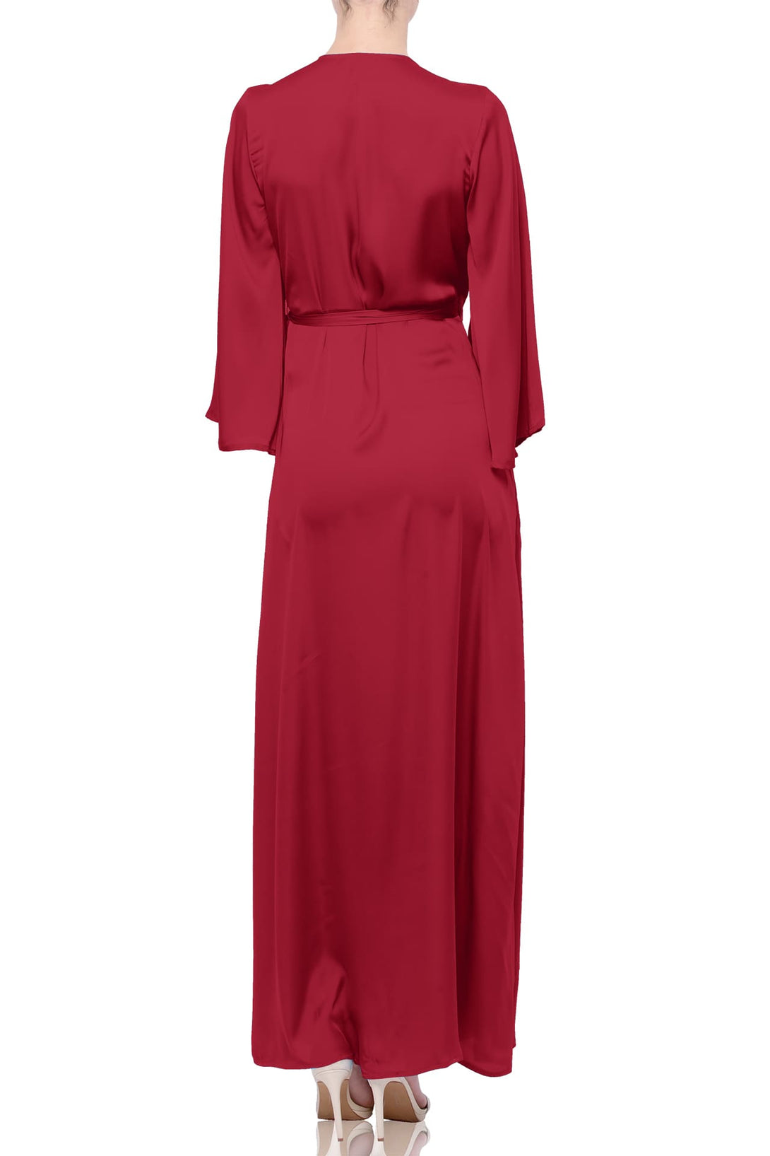 S Ruby Red Satin Maxi Bridesmaid Wrap Dress