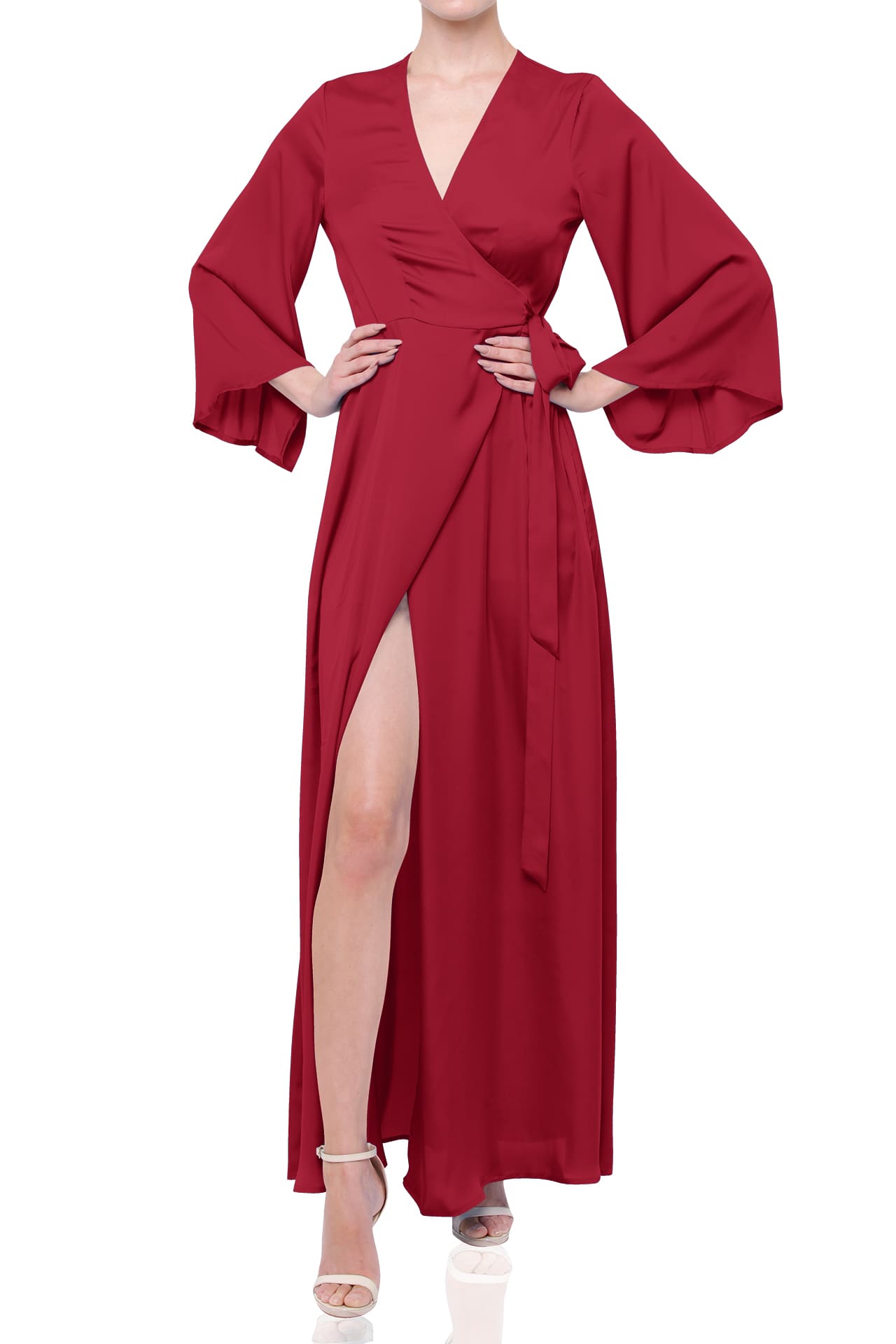 Ruby Red Satin Bridesmaid Wrap Dress – Elegant Maxi Gown | Shahida ...