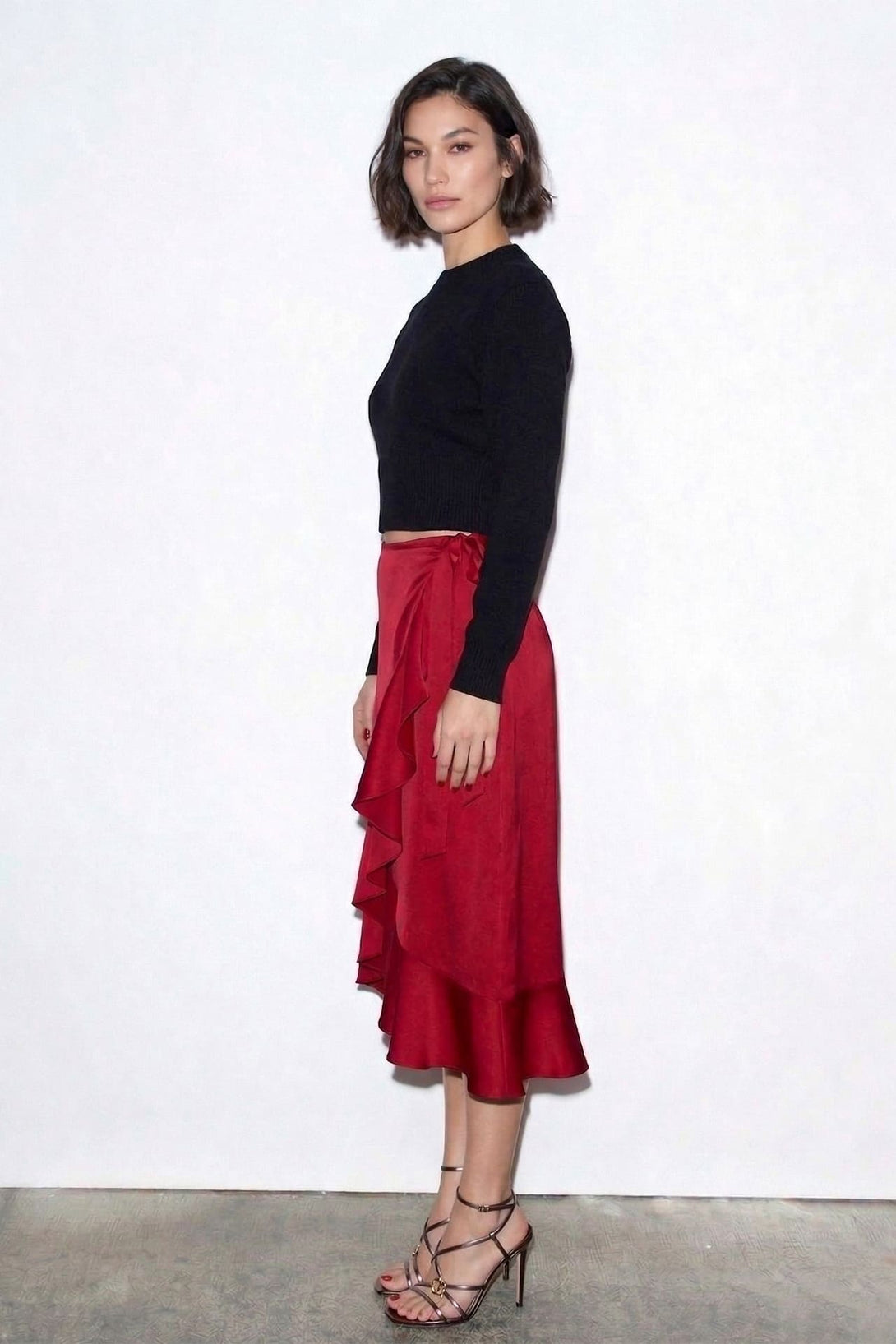 Ruby Red Satin Wrap Midi Skirt | Shahida – Shahida Parides