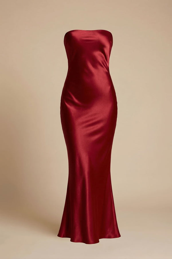 ruby red dress formal Strapless Satin Midi for Events – Shahida Parides simple shape hood