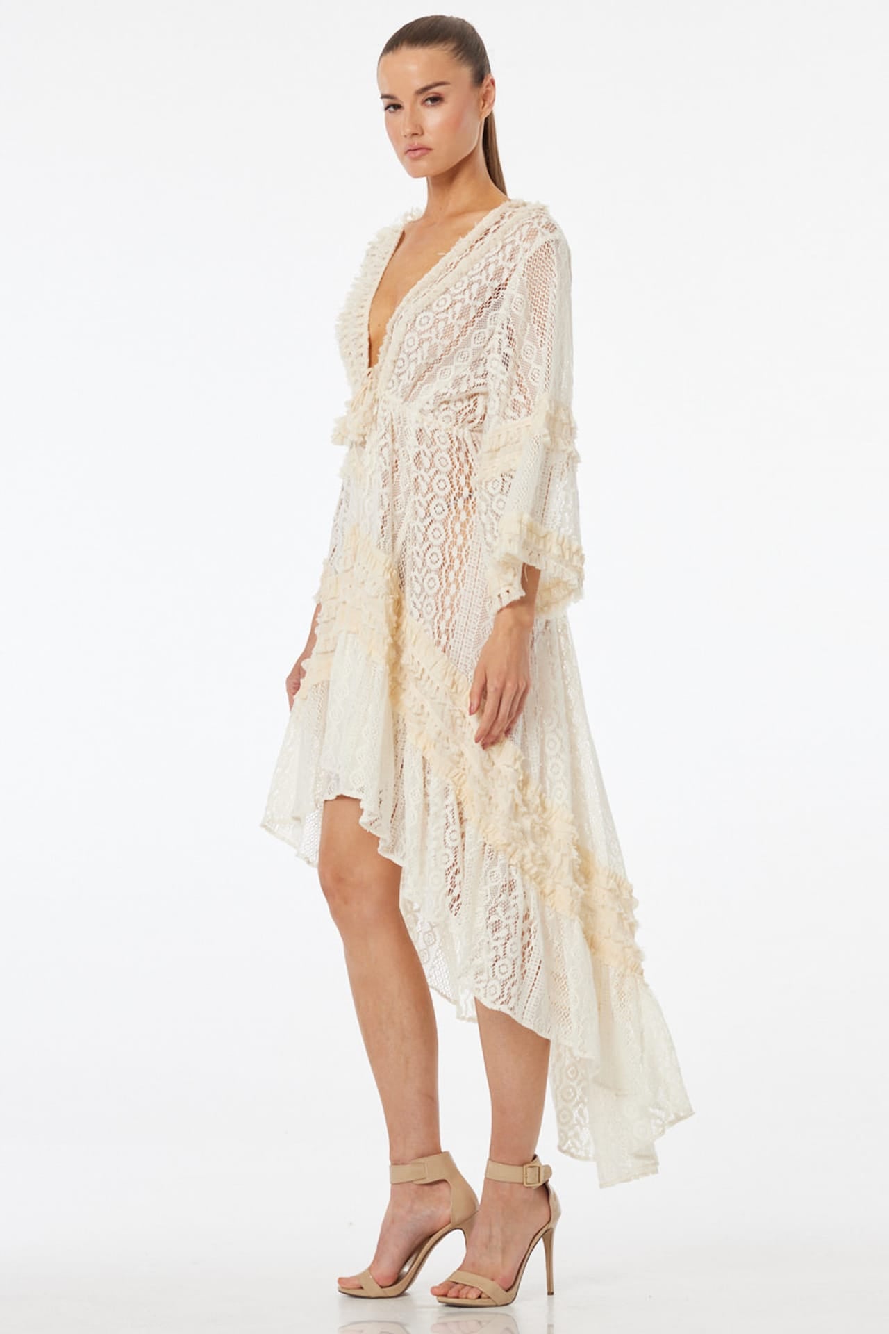 S Ivory Lace Midi Resort Dress with Deep V Neck, Hi-Low Asymmetrical Hem & Ruffle Details