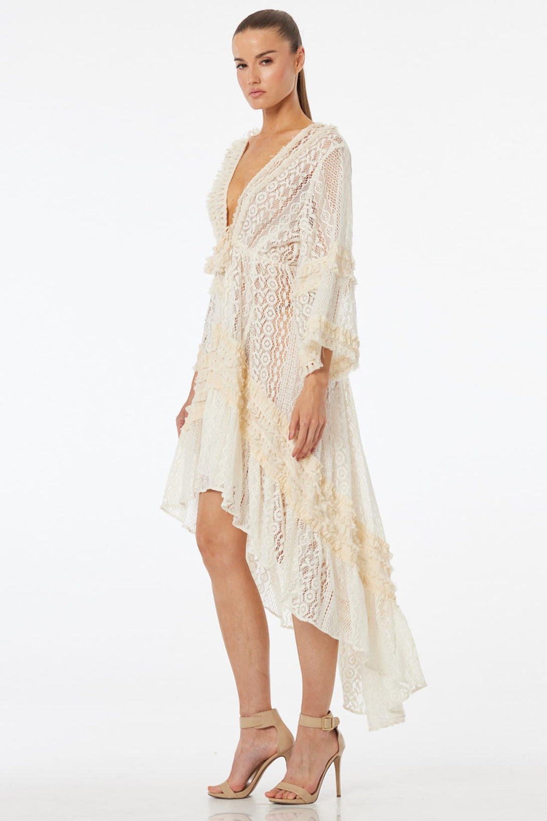 high low vacation dress S Ivory Lace Midi Resort with Deep V Neck, Hi-Low Asymmetrical Hem & Ruffle Details Hand wash in cold Sizes:14 (L+) Wrap Dress Green Sequin 5