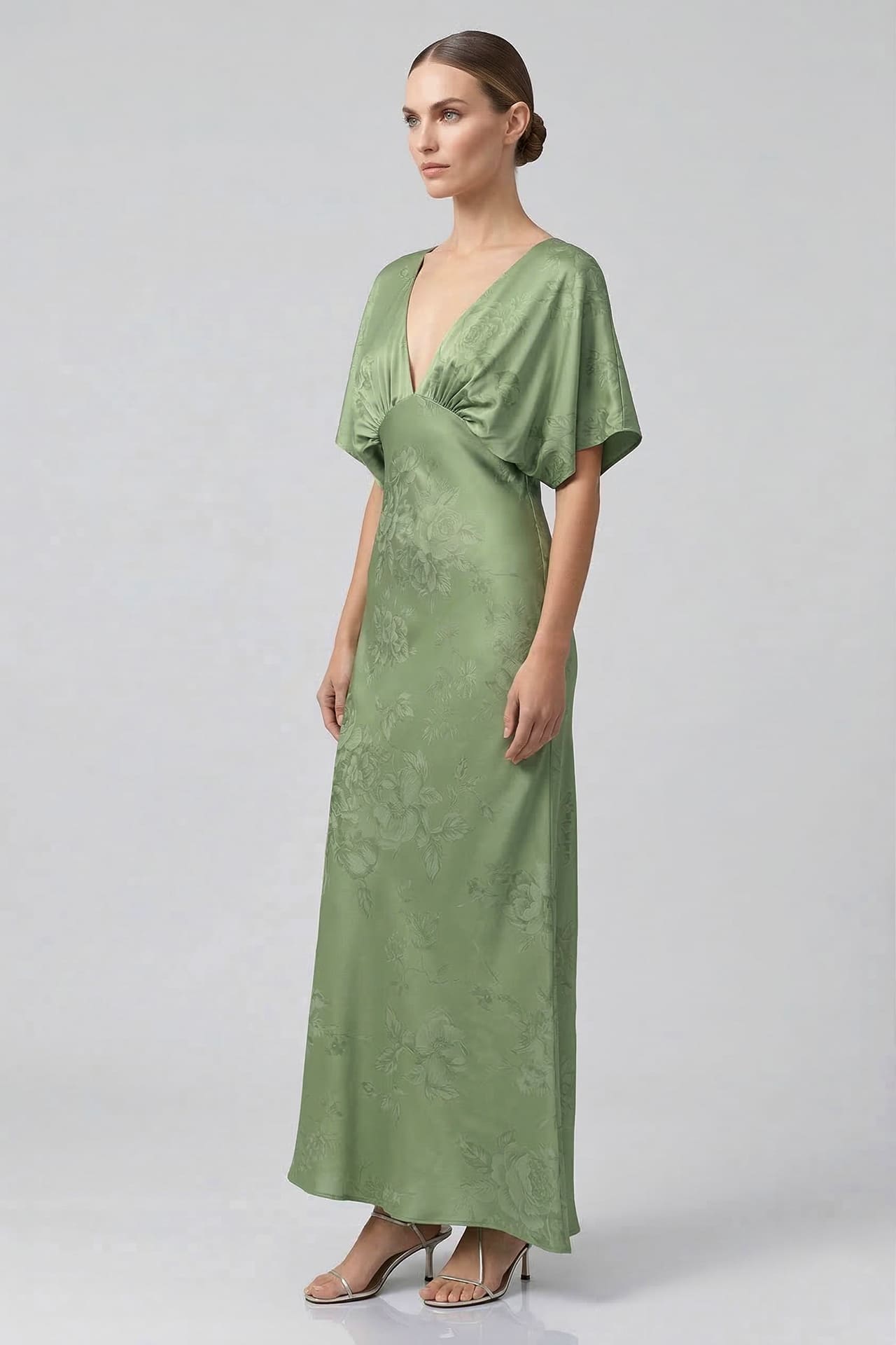 Standard / XS Sage Green V-Neck Floral Satin Bridesmaid Dress with Flutter Sleeves