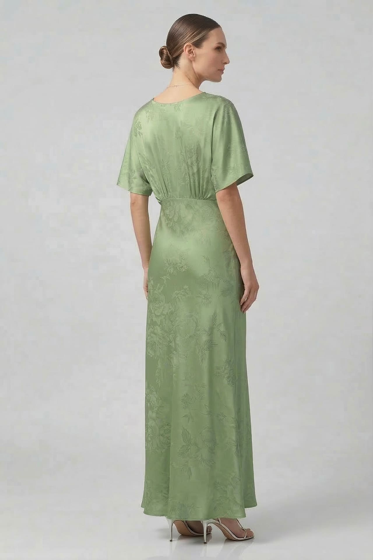 Standard / XS Sage Green V-Neck Floral Satin Bridesmaid Dress with Flutter Sleeves Standard / XS Sage Green V-Neck Floral Satin Bridesmaid Dress with Flutter Sleeves