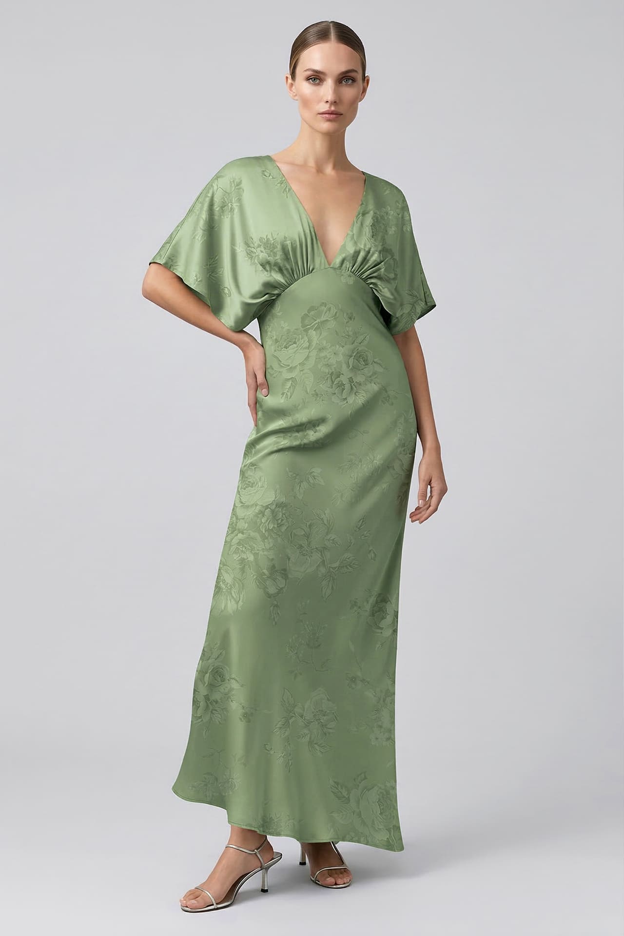 Sage Green Floral Satin Bridesmaid Dress