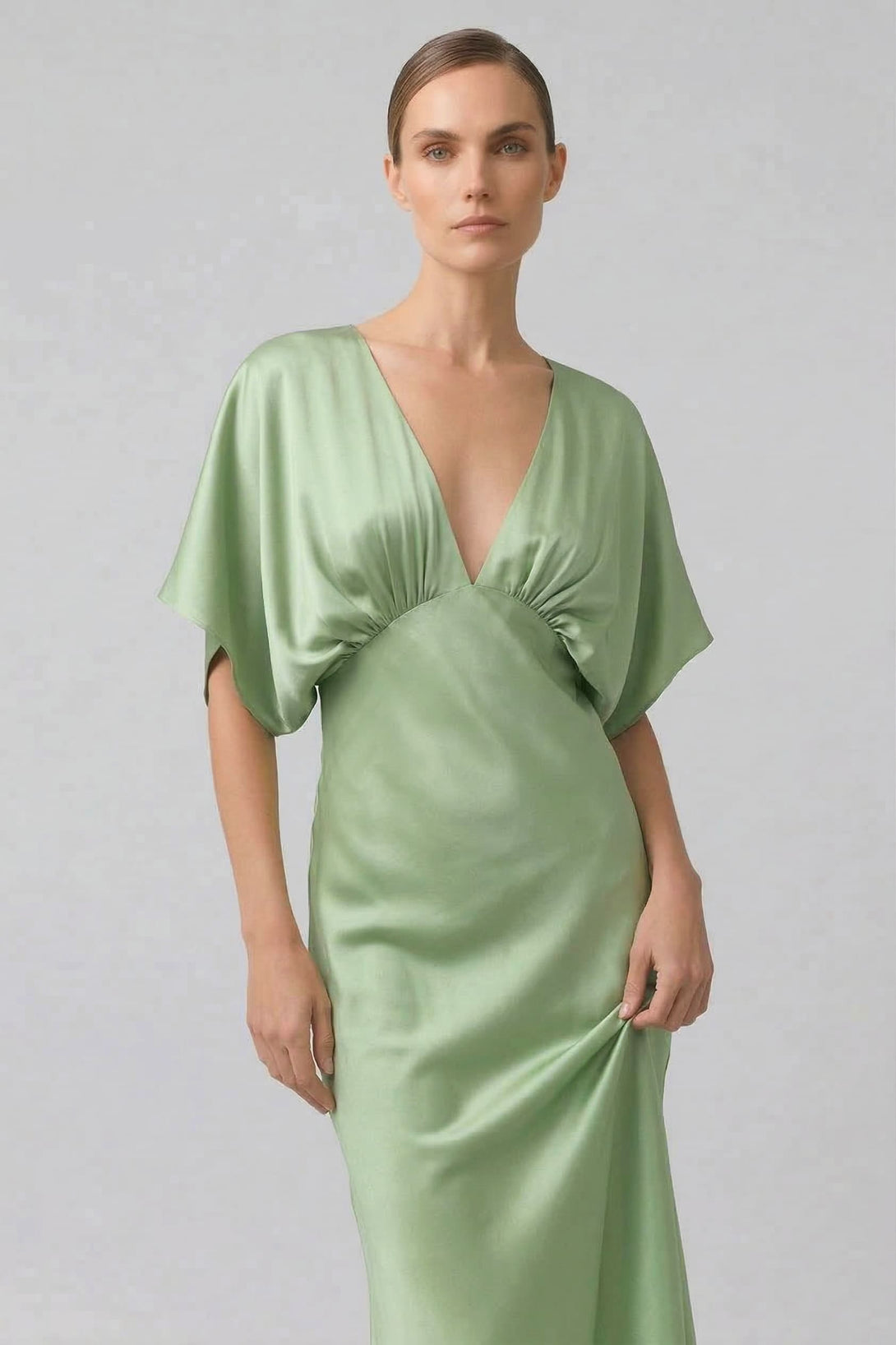 Standard / XS Sage Green Satin Bridesmaid Deep V Flutter Sleeve Satin A-Line Gown Standard / XS Sage Green Satin Bridesmaid Deep V Flutter Sleeve Satin A-Line Gown