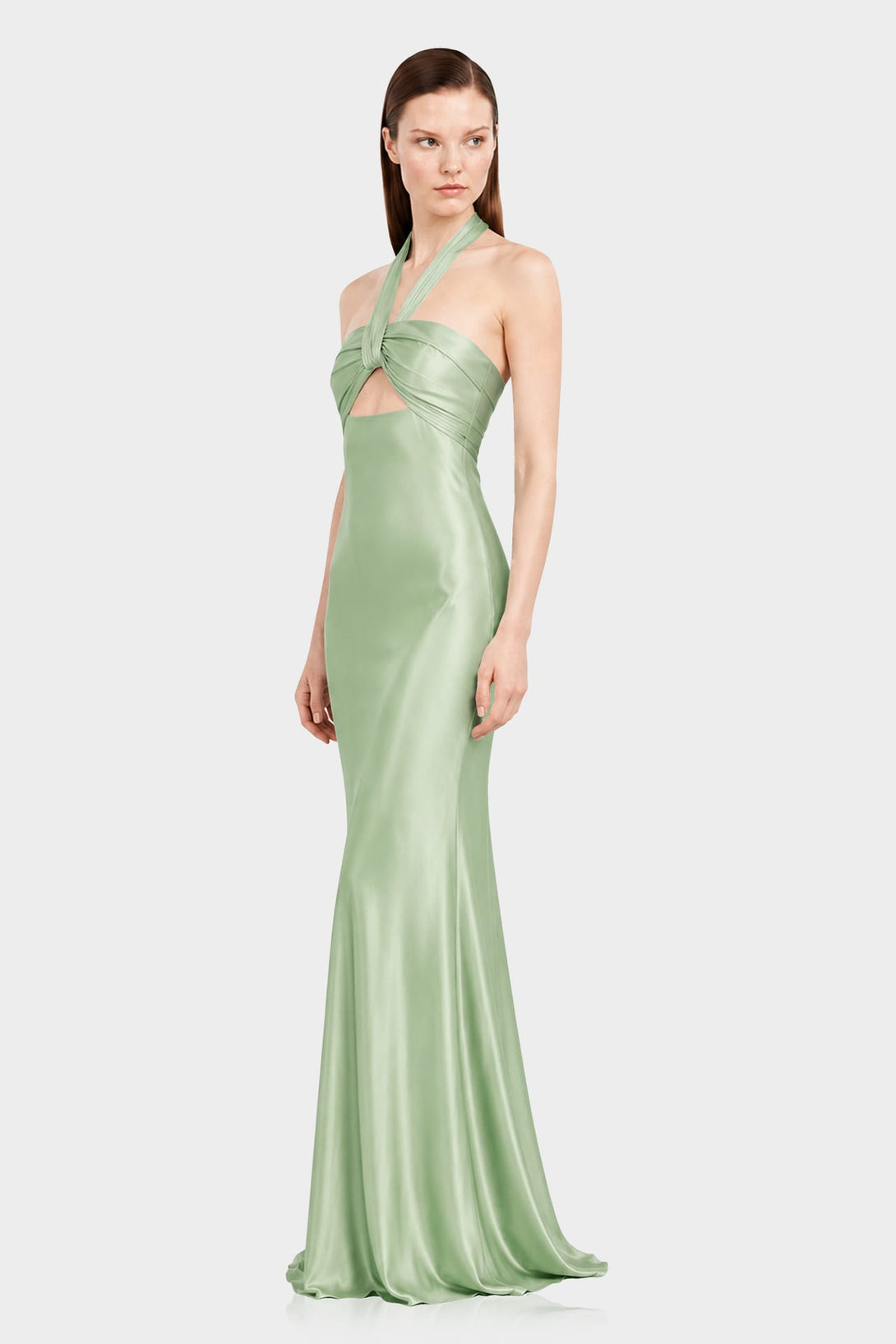 sage green halter dress S Matte Satin Front Cut Out Maxi for Garden Weddings Jennifer Lauren The Raine Elastic back ERA_1940S Sizes:10.5