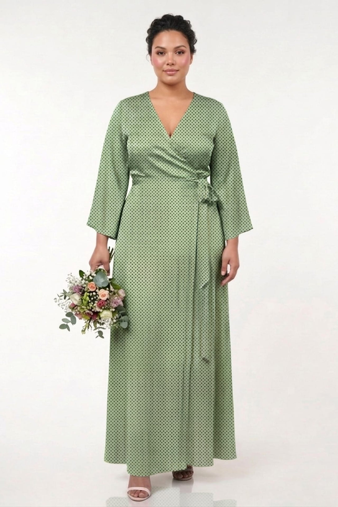 sage green pattern dress Standard / S Polka Dot Satin V-Neck Wrap Maxi with High Slit Color:Silver/Blush How to Style a dry for longest life new tutu du monde
