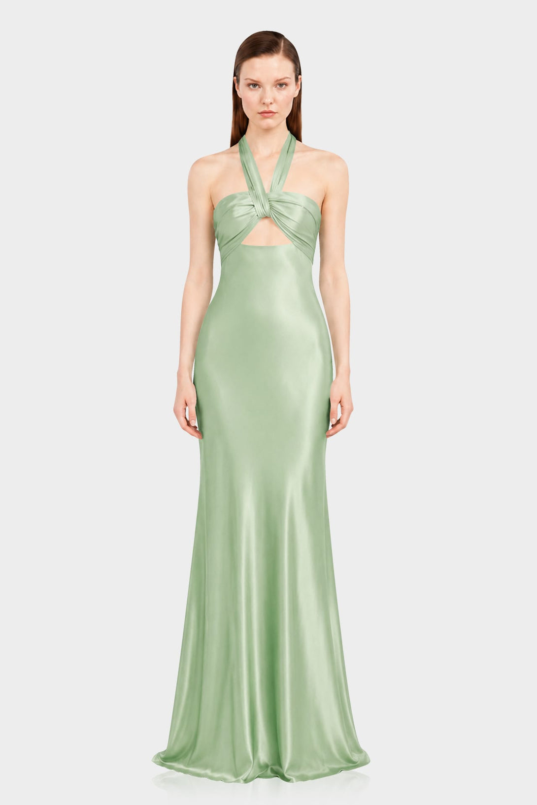 S Sage Green Matte Satin Front Cut Out Halter Maxi Dress for Garden Weddings