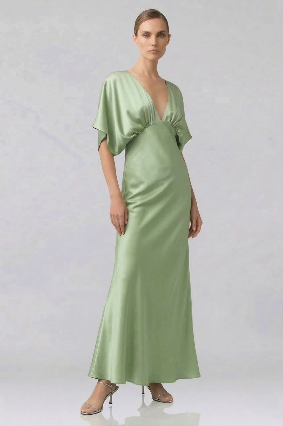 satin sage green bridesmaid dresses Standard / XS Sage Green Satin Bridesmaid Deep V Flutter Sleeve Satin A-Line Gown