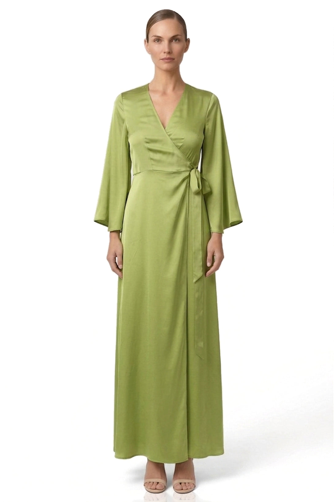 sage green maxi dress bridesmaid S Sage Green Satin Wrap Maxi Dress – Bridesmaid & Garden Wedding Dress