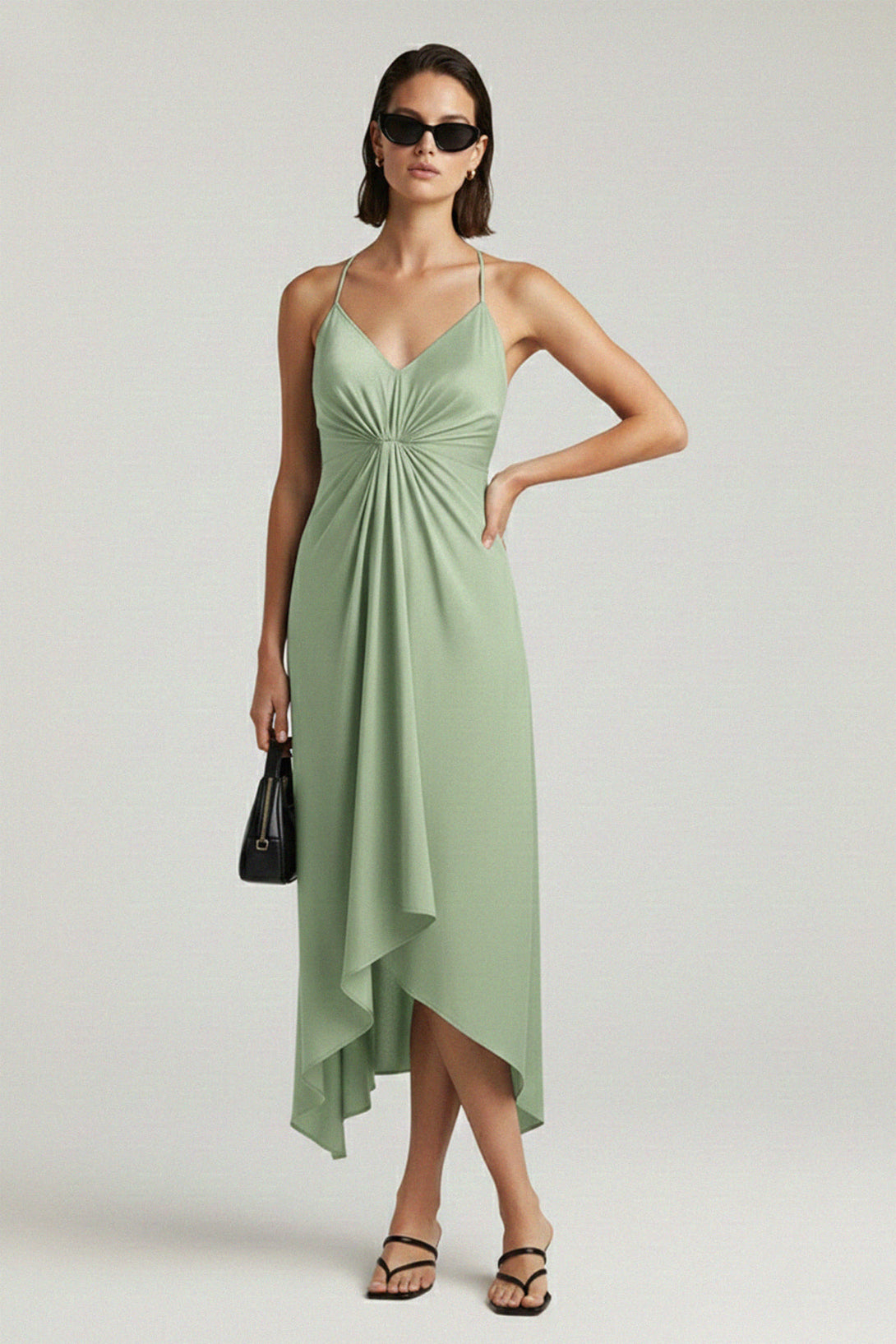 Luxury Sage Green Midi Scarf Dress