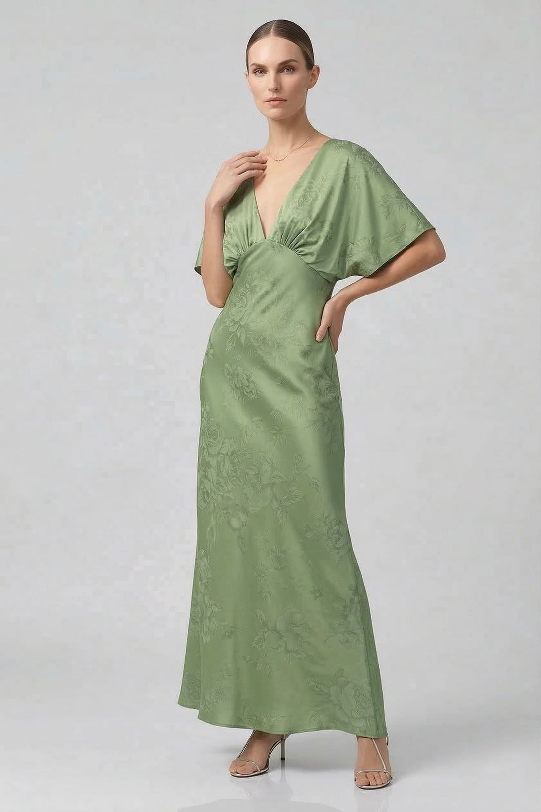 Standard / XS Sage Green V-Neck Floral Satin Bridesmaid Dress with Flutter Sleeves Standard / XS Sage Green V-Neck Floral Satin Bridesmaid Dress with Flutter Sleeves