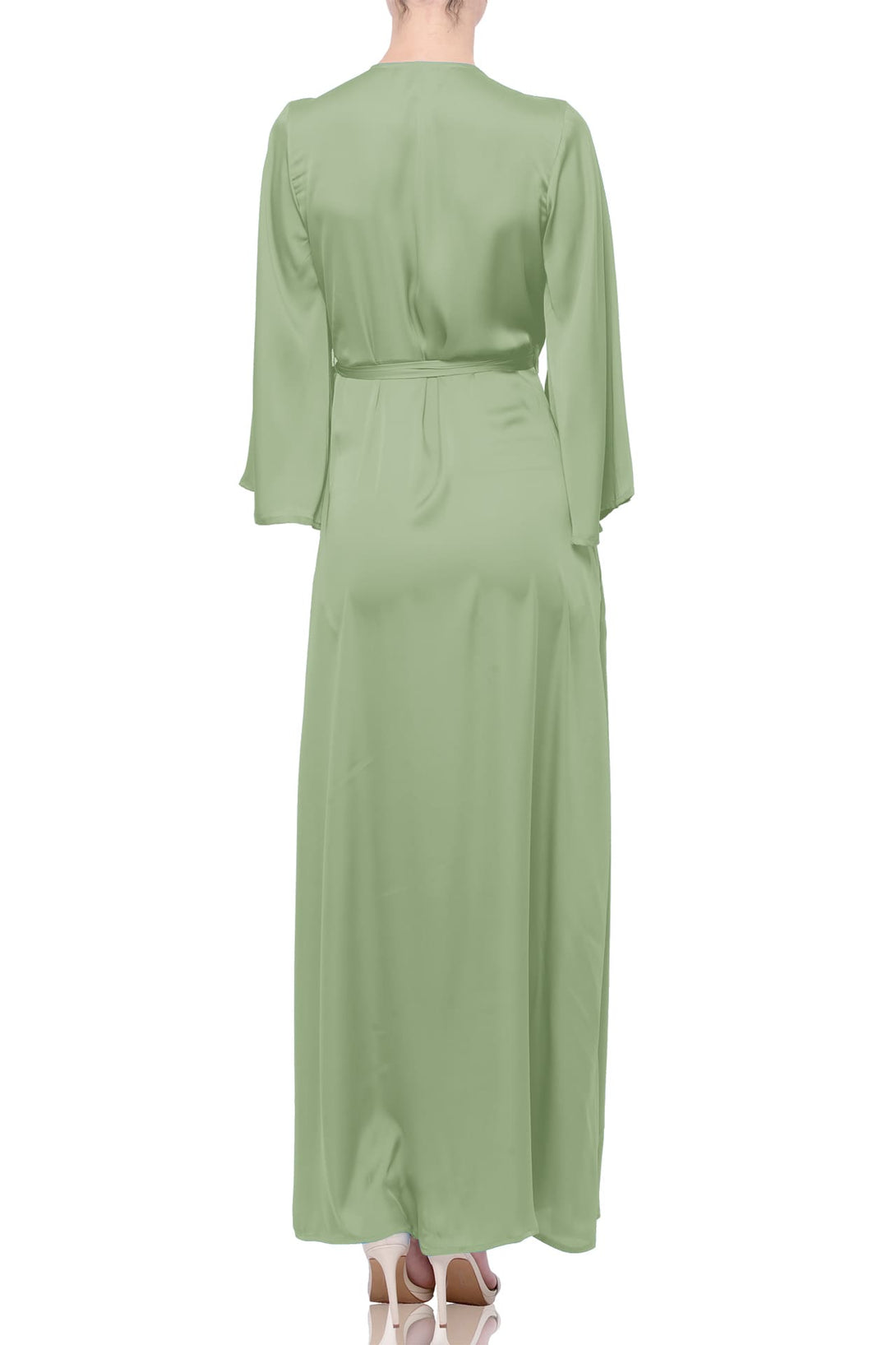 sage long sleeve dress S Sage Satin Wrap Bridesmaid Dress – Elegant Maxi Wedding Party Dress
