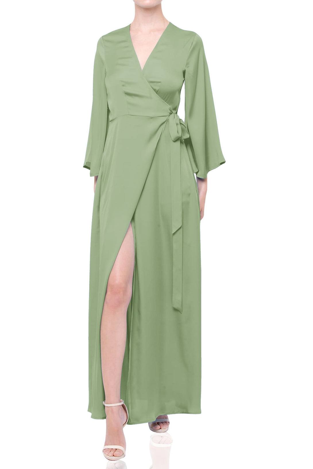 formal wrap dress for wedding S Sage Satin Wrap Bridesmaid Dress – Elegant Maxi Wedding Party Dress