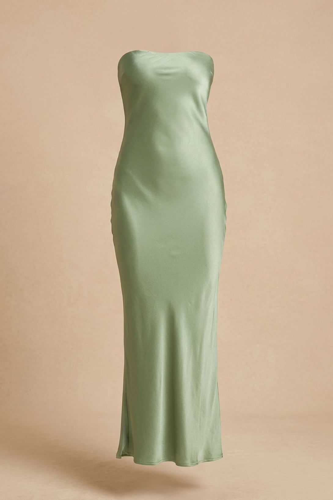S Sage Satin Strapless Midi Dress for Wedding Guest