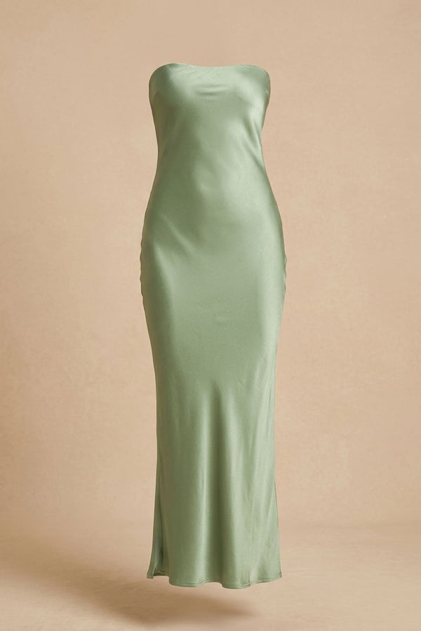 S Sage Satin Strapless Midi Dress for Wedding Guest