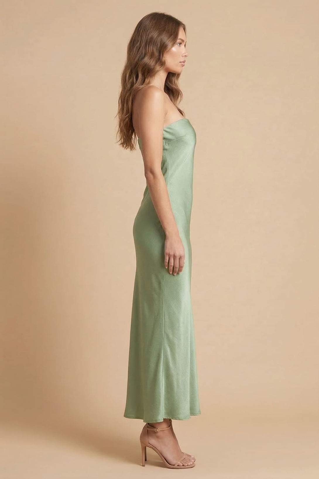S Sage Satin Strapless Midi Dress for Wedding Guest S Sage Satin Strapless Midi Dress for Wedding Guest
