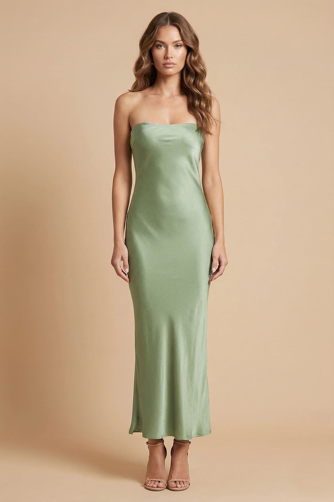 S Sage Satin Strapless Midi Dress for Wedding Guest S Sage Satin Strapless Midi Dress for Wedding Guest
